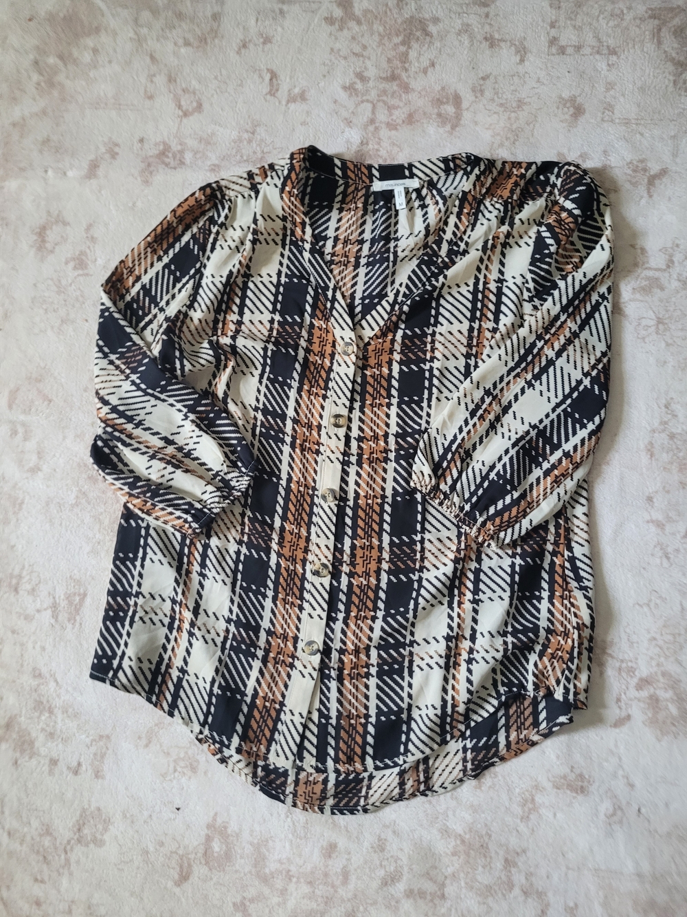 Maurices Cream, Black & Brown Plaid Button-Front Blouse